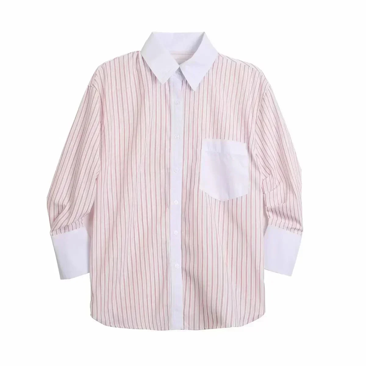 Women's new fashion pocket decoration loose striped poplin lapel shirt retro long sleeved button up women's shirt chic top