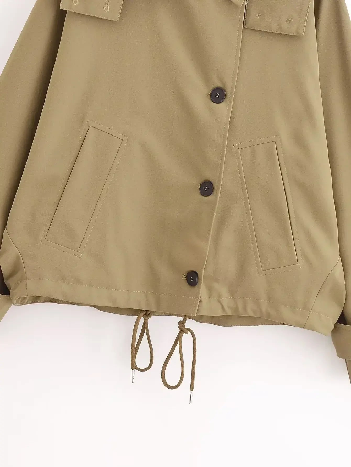 Women's new fashion with drawstring loose single breasted hooded trench coat retro long sleeved button up women's coat top