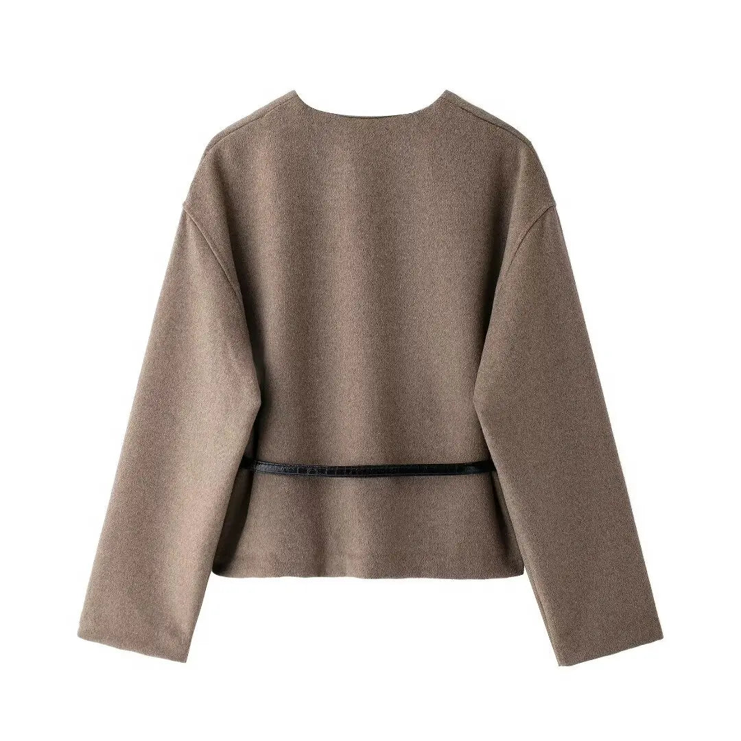 Women's new fashion belt decoration casual short soft texture blended coat retro V Neck long sleeved women's coat chic top