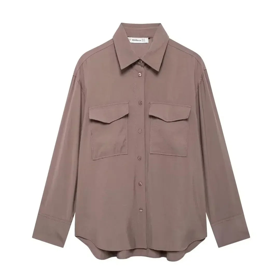 Women's new fashion flip pocket decoration loose Lapel asymmetrical shirt retro long sleeved button up women's shirt chic top