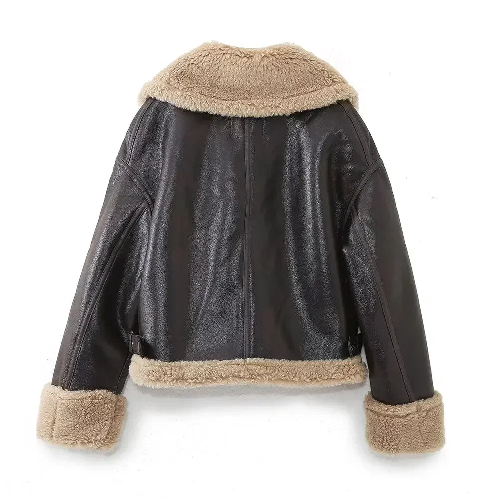 Women's new fashion short motorcycle style double-sided Fur Faux Leather jacket retro long sleeved Zipper women's Coat Chic top