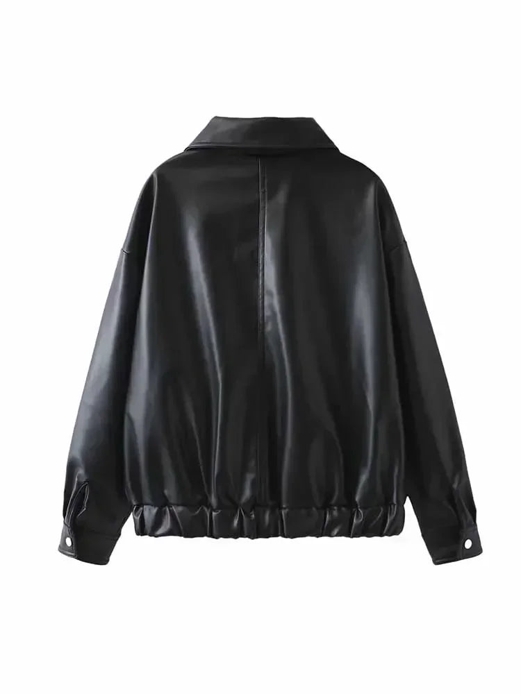 Women's new fashion flap pocket decoration casual black Lapel Faux Leather jacket coat retro long sleeved women's coat chic top