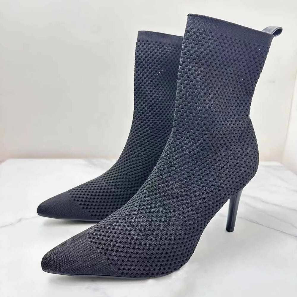 New 2024 Women's Shoes Pointy Joker Elegant Knitted Fabric Breathable Hollow Stiletto Short Women's Boots.