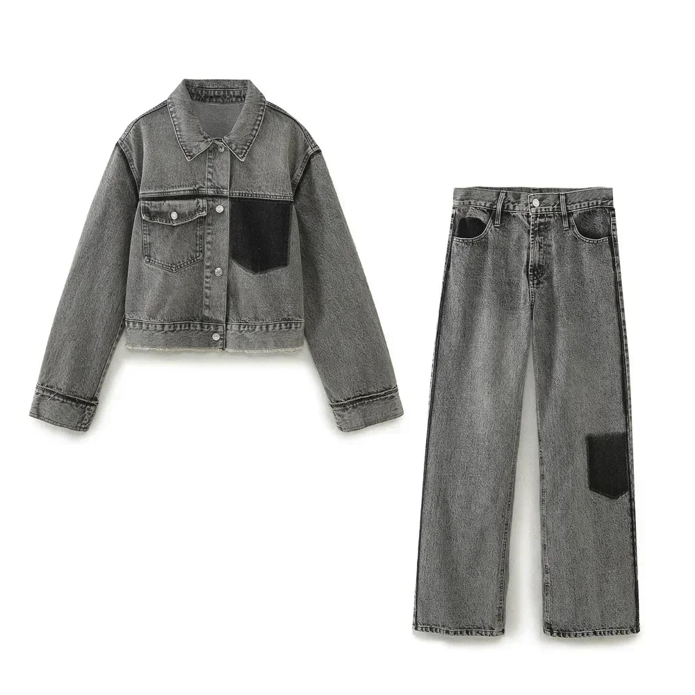 Women's new Fashion pocket decoration short contrasting denim jacket coat retro long sleeved Button up women's coat chic