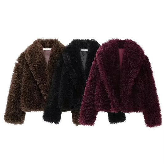 Women's Winter New Fashion Artificial Fur Effect Short Thick Warm Lapel Fleece Coat Retro Long Sleeve Women's Coat Chic Top