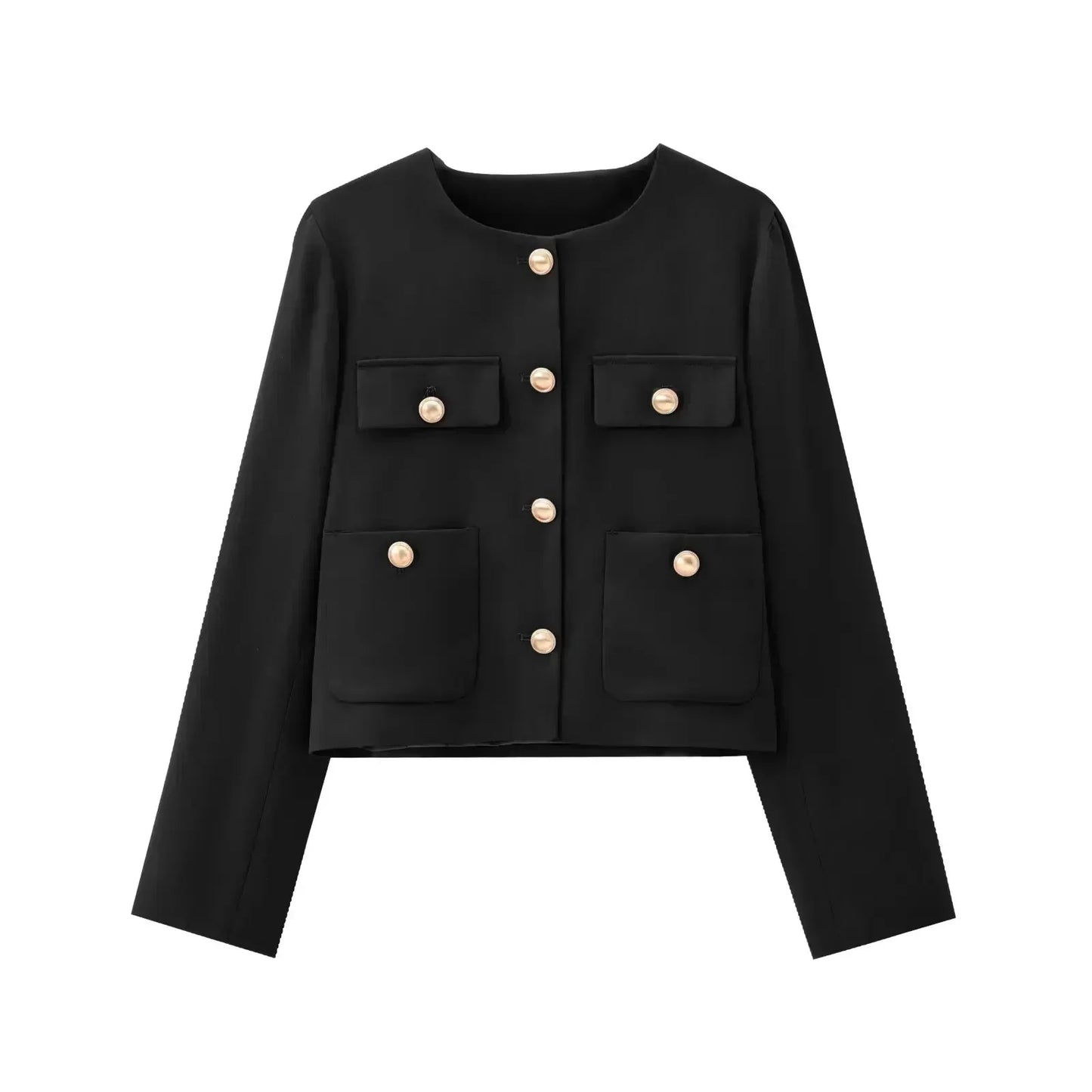 Women's 2024 new fashion gold button decoration casual short O Neck jacket coat retro long sleeved pocket women's coat chic top