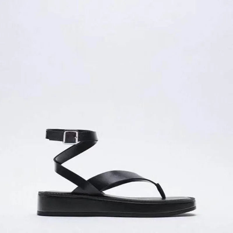 22 New women's shoes black strappy flat sandals summer thong thick sole sandals for women