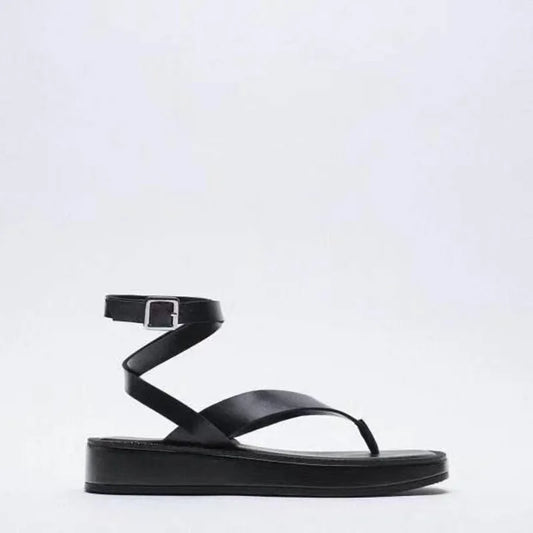 New women's shoes black strappy flat sandals summer thong thick sole sandals for women