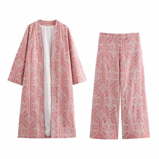 Women's new Fashion embroidered vacation style loose kimono style open coat retro long sleeved side pocket women's coat chic top