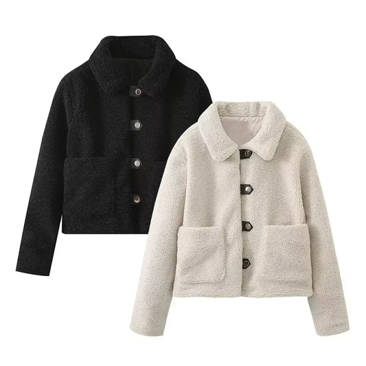 Women's 2024 New Fashion Casual Single breasted Warm Lapel Fleece Jacket Coat Retro Long Sleeve Pocket Women's Coat Unique Top