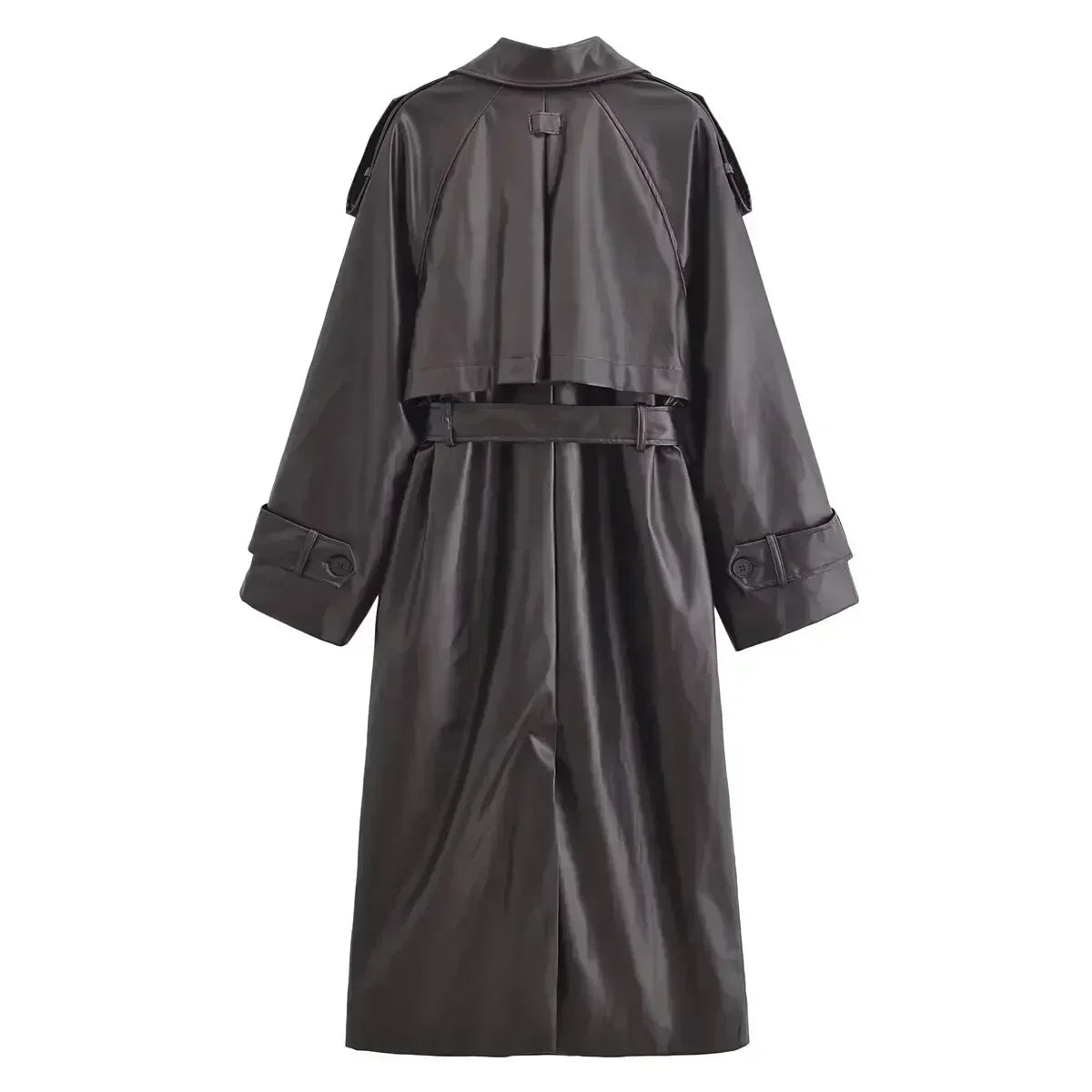 Women's 2024 new Fashion With belt black loose double breasted faux leather trench coat retro long sleeved pocket coat top 