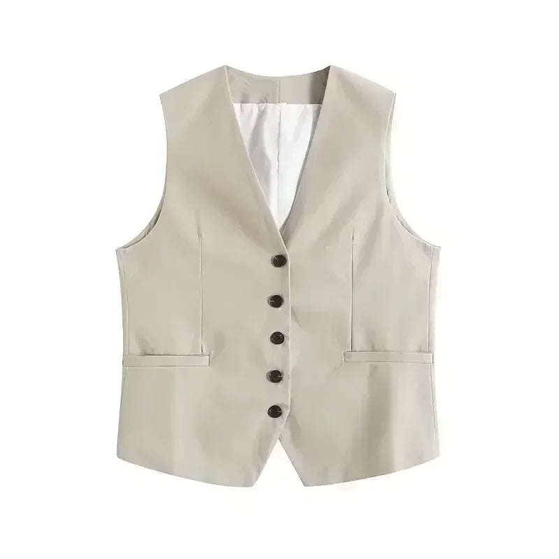 Women New Fashion Linen Cropped Customized Casual Vest Vintage V Neck Button-up Female Waistcoat Chic Tops + shorts Women's suit