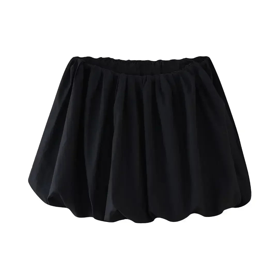 Women's new fashion two-piece style balloon version casual Versatile solid pleated mini skirt retro high waisted women's skirt