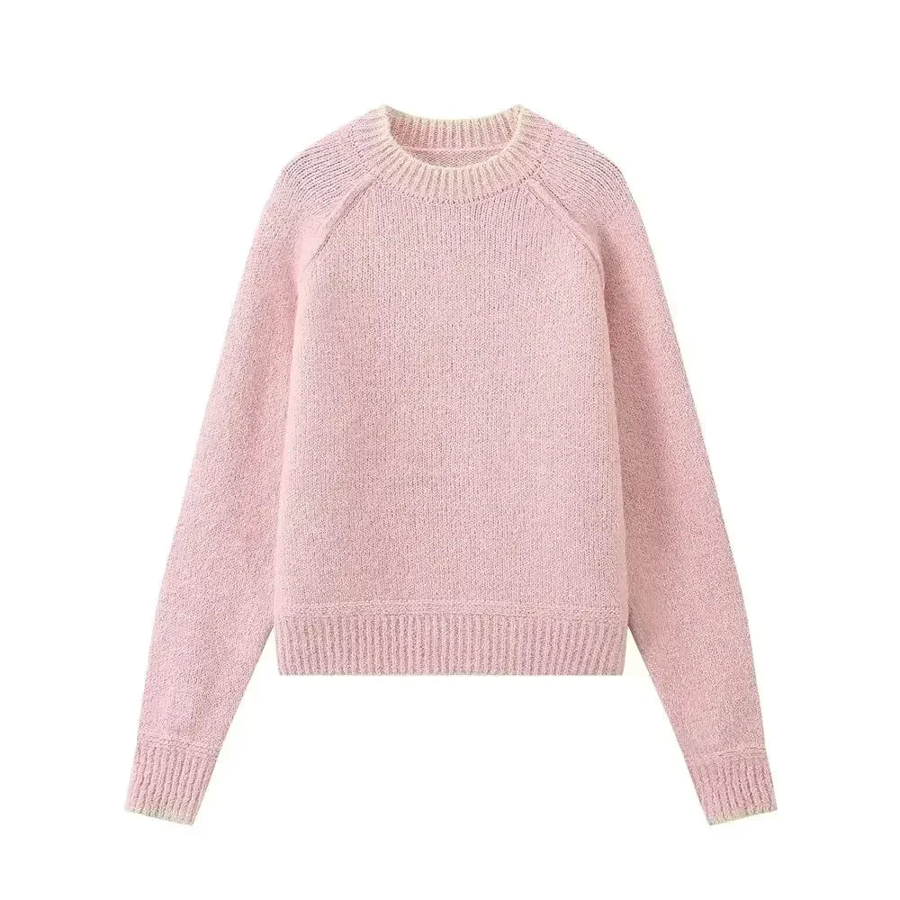 Women's 2024 new fashion multi-color casual contrasting O Neck knitted sweater retro long sleeved women's pullover chic top