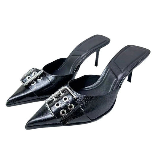 New 2024 Women's Fashion Shoes Black Buckle Lace High Heels Pointed Stiletto Sandals