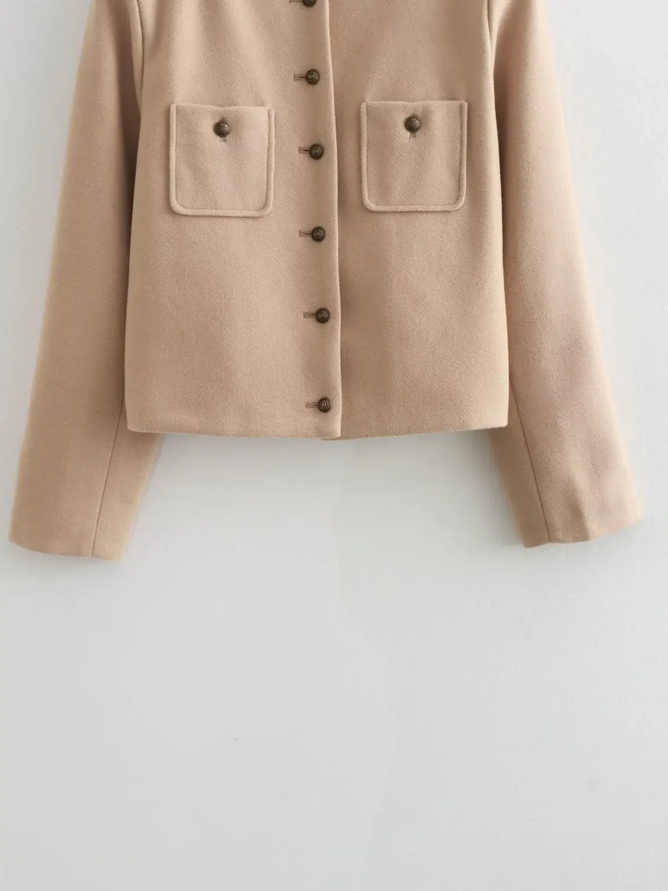 Women's new Fashion pocket decoration casual soft texture O-Neck jacket Coat retro long sleeved button-up women's Coat chic top