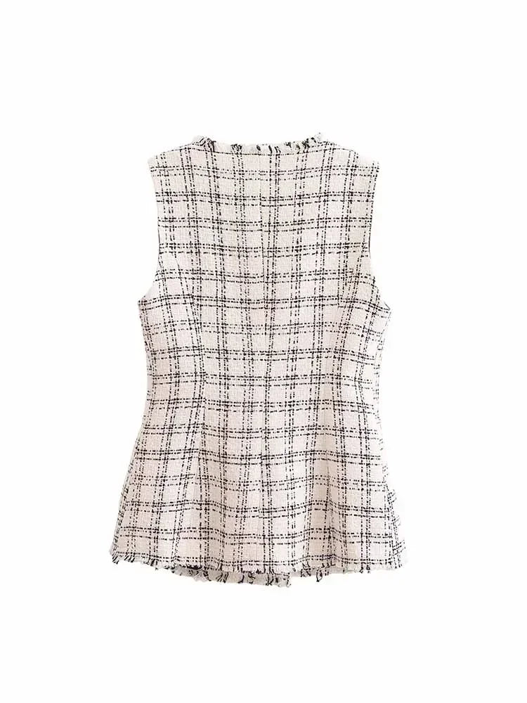 Women's new fashion flap decoration slim double breasted checkered vest coat retro square neck sleeveless women's vest chic top