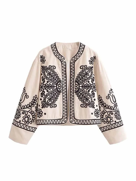 Women's new Fashion embroidery decoration casual short Open O-Neck jacket Coat retro long sleeved pocket women's Coat chic top