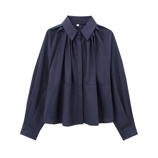 Women's new fashion pleated decoration loose casual single breasted poplin shirt retro lapel long sleeved women's shirt chic top