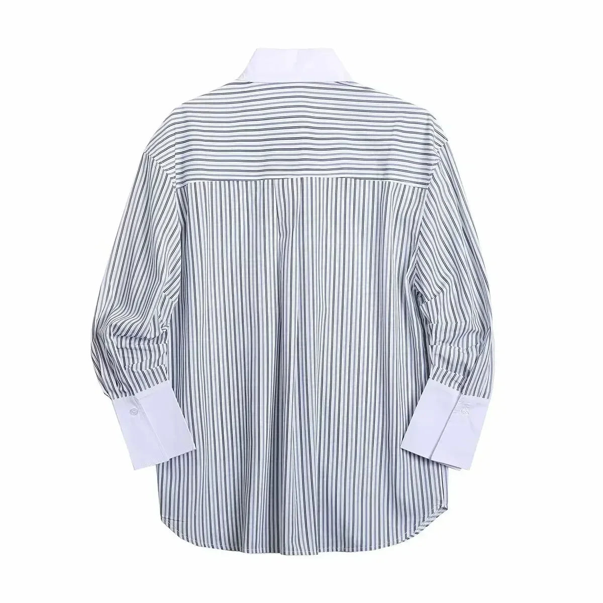 Women's new fashion pocket decoration loose striped poplin lapel shirt retro long sleeved button up women's shirt chic top