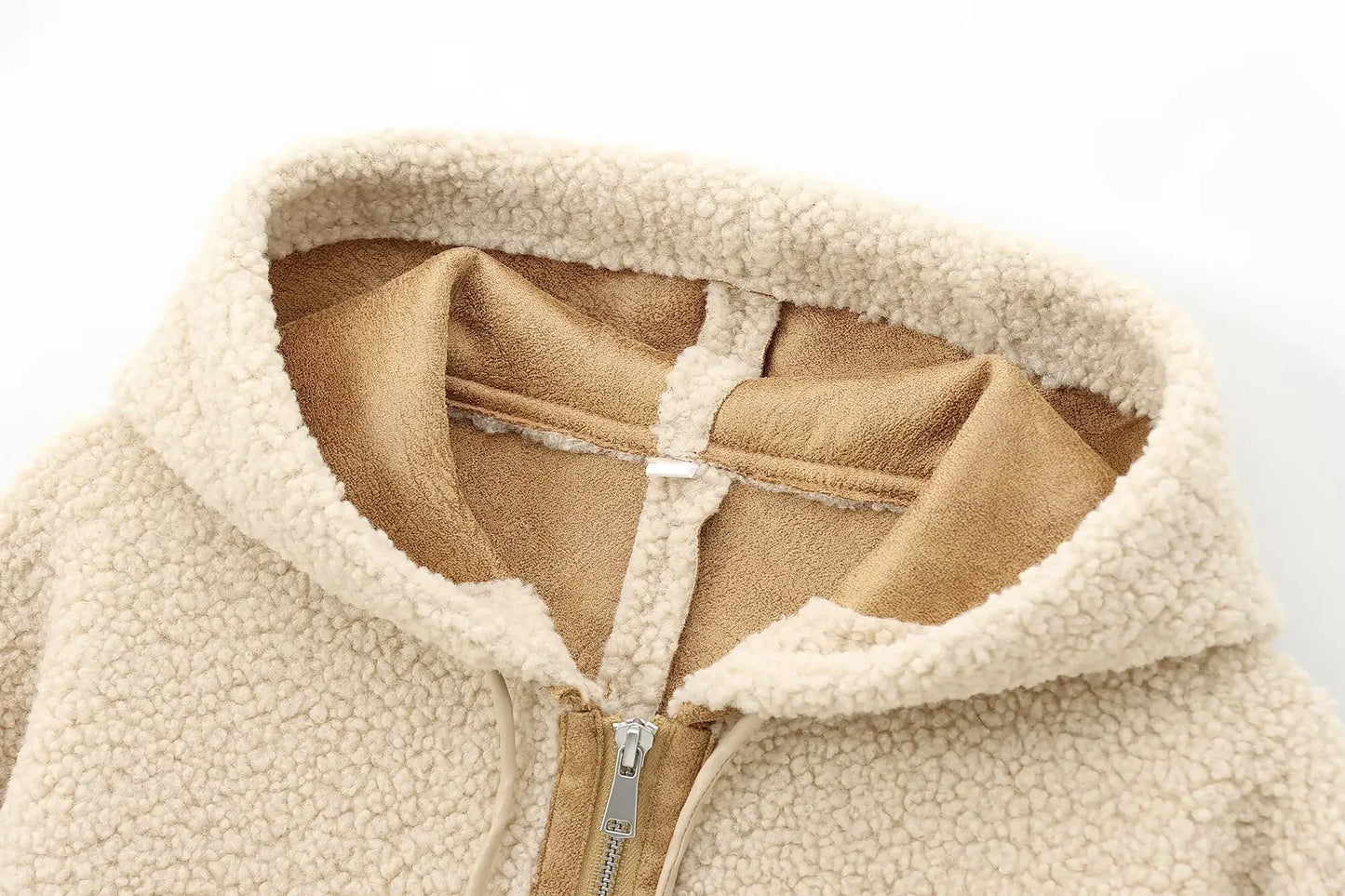 Women's new Fashion pocket decoration casual short hooded fleece jacket coat retro long sleeved zipper women's coat chic top