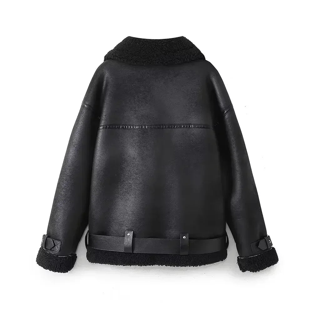 Women's New Fashion Zipper Pocket Decoration Loose Double sided Fur Faux Leather Jacket Retro Long Sleeve Women's Coat Chic Top