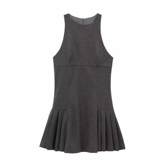 Women's new fashion wide pleated hem casual O Neck mini dress retro sleeveless With lining women's dress Mujer