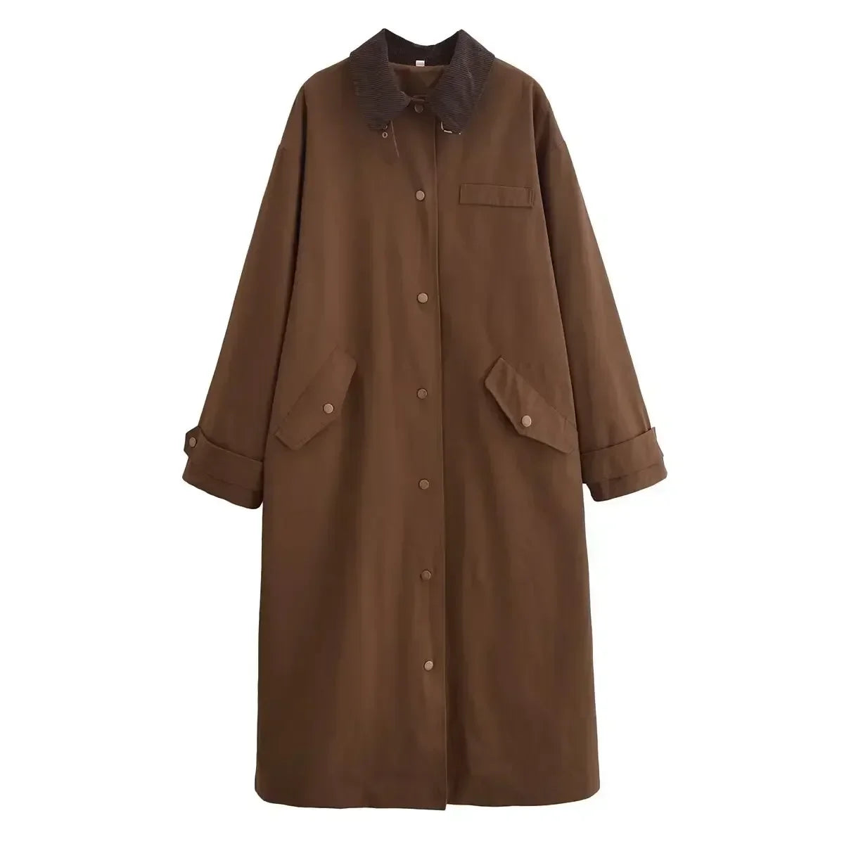 Women's new fashion flap decoration loose single breasted long style Lapel Trench coat retro long sleeved women's coat chic top