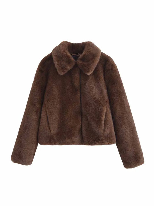 Women's winter fashion faux fur effect Casual Short Thick warm Lapel coat retro long sleeved side pocket women's coat chic top