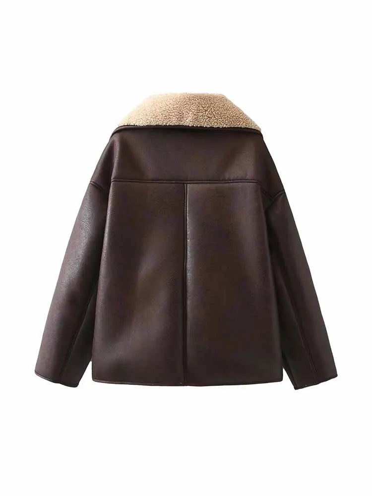 Women's Winter Fashion Loose Single breasted Warm Double sided Fur Faux Leather Jacket Retro Long Sleeve Women's Coat Chic Top