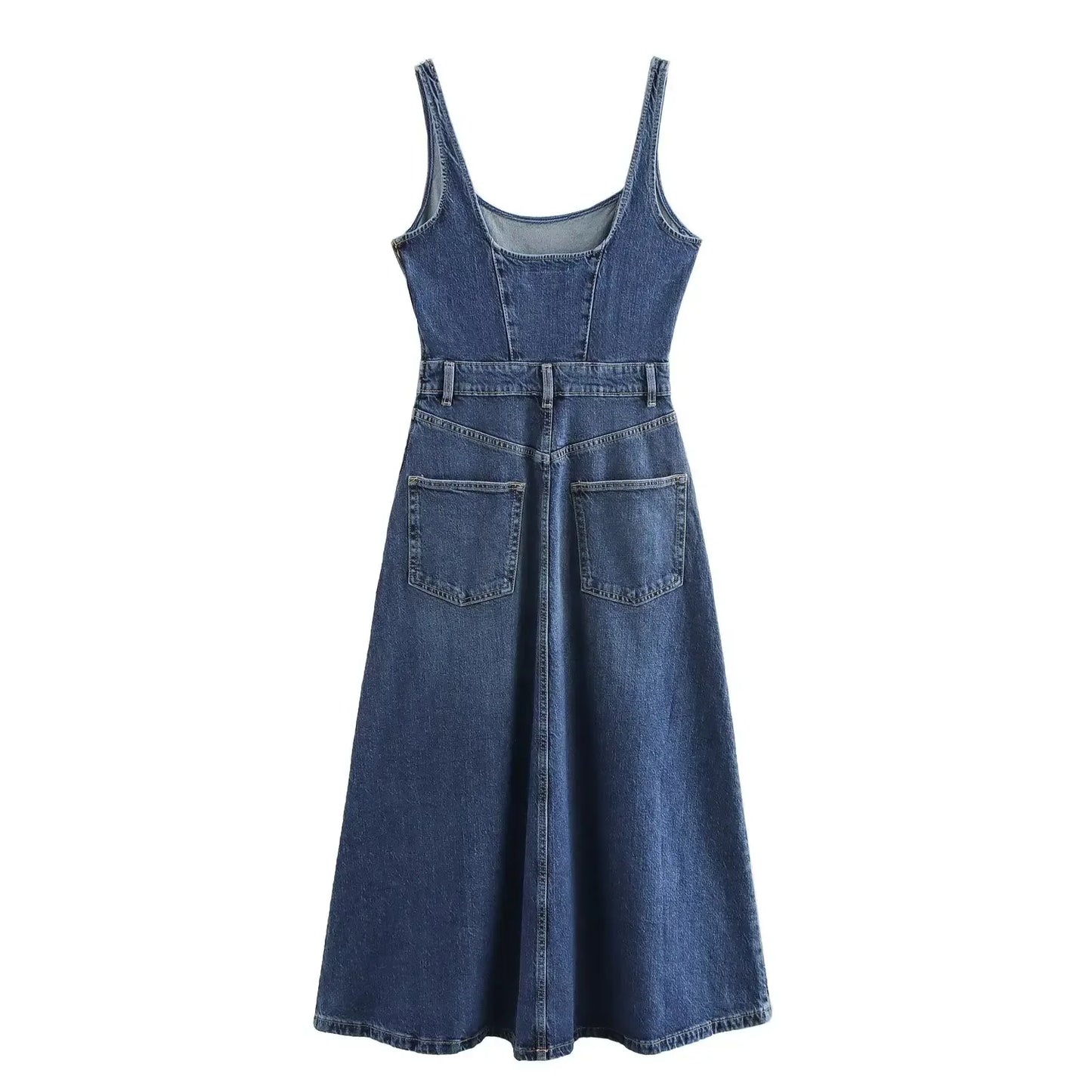 Women's new fashion side pocket decoration casual Wide Straps denim Midi dress retro sleeveless backless women's dress Mujer