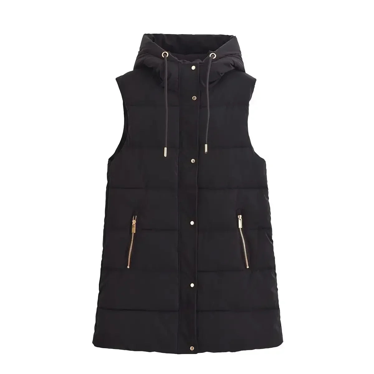 Women's new fashion zipper pocket decoration long style hooded cotton vest coat retro sleeveless button up women's vest chic top