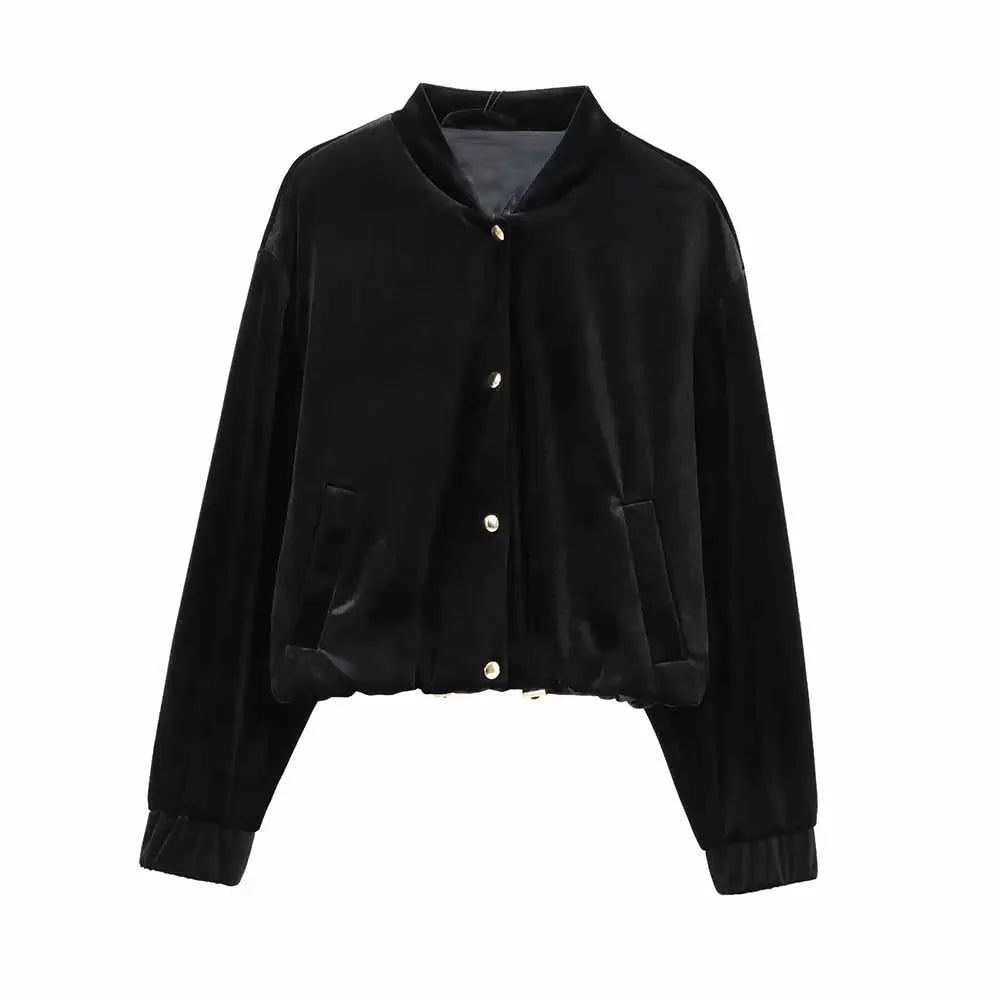 Women's new Fashion black casual single breasted short velvet flight jacket coat retro long sleeved pocket women's coat chic top 