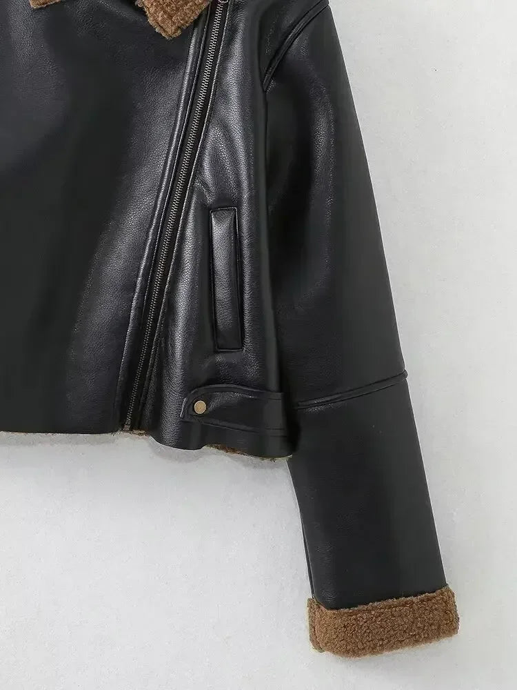 Women's new fashion zipper decoration black motorcycle style Fur Faux Leather jacket retro long sleeved women's Coat Chic top