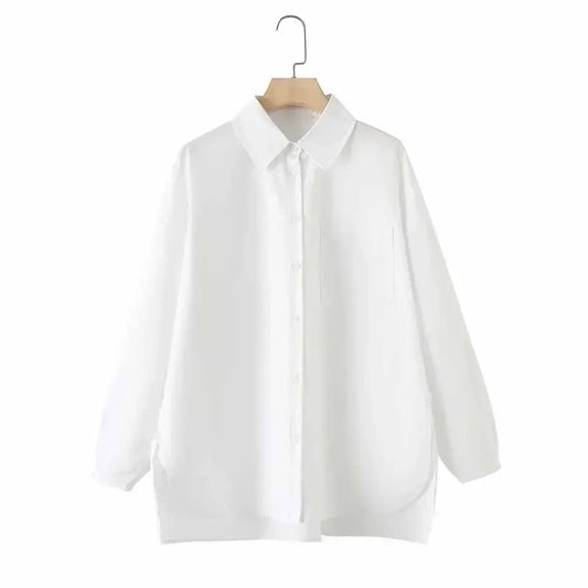 Women's 2024 new fashion hem Split design loose single breasted cotton shirt retro long sleeved pocket women's shirt chic top