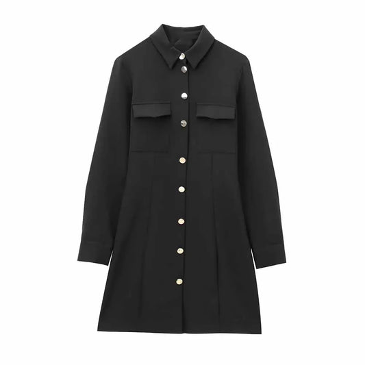 Women's new Chic Fashion flap pocket decoration black slim single breasted Lapel mini dress retro long sleeved women's dress