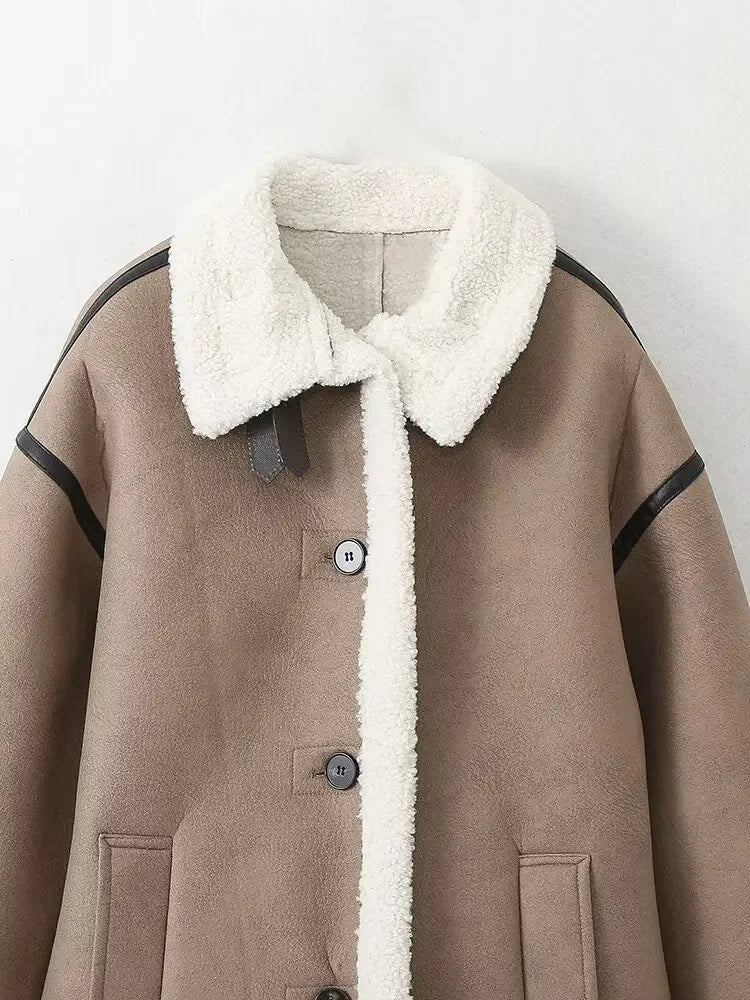 Women's new Fashion loose long style double-sided Fur Faux Leather jacket Coat retro long sleeved pocket women's Coat chic top