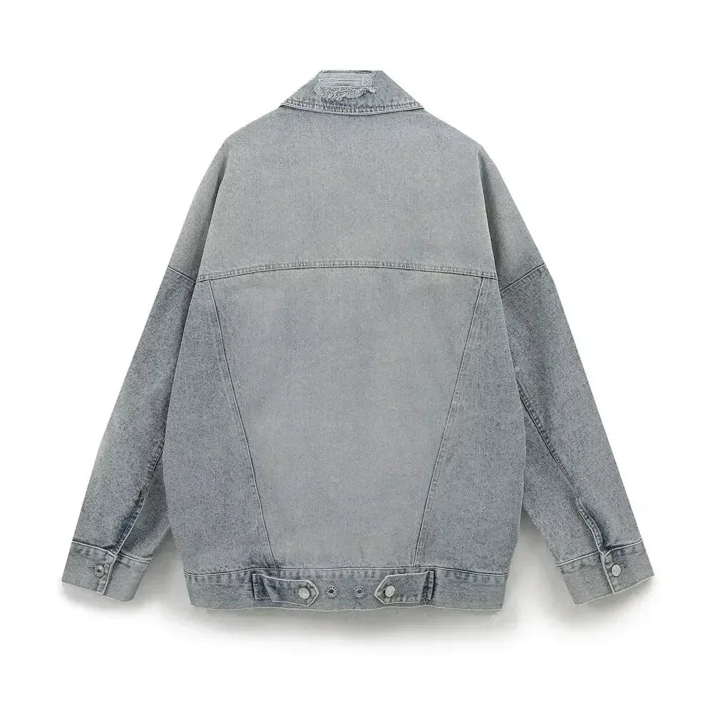 Women's new fashion flap pocket decoration loose single breasted denim jacket coat retro Lapel long sleeved Female coat chic top 