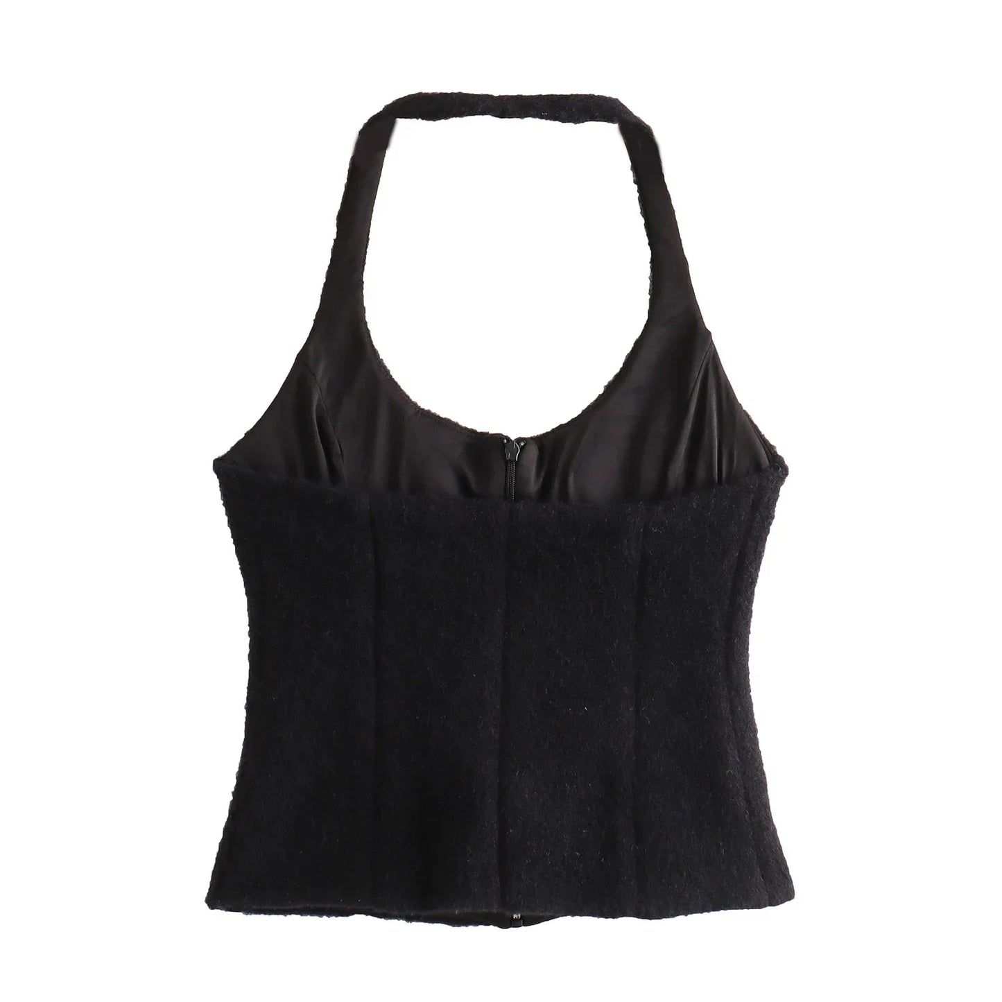 Women's new fashion faux fur effect slim Backless short hanging neck top retro sleeveless zipper women's vest chic top 