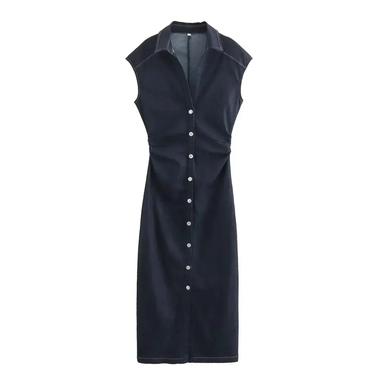 Women's summer new fashion pleated design slim fit shirt style denim Midi dress retro sleeveless button up women's dress