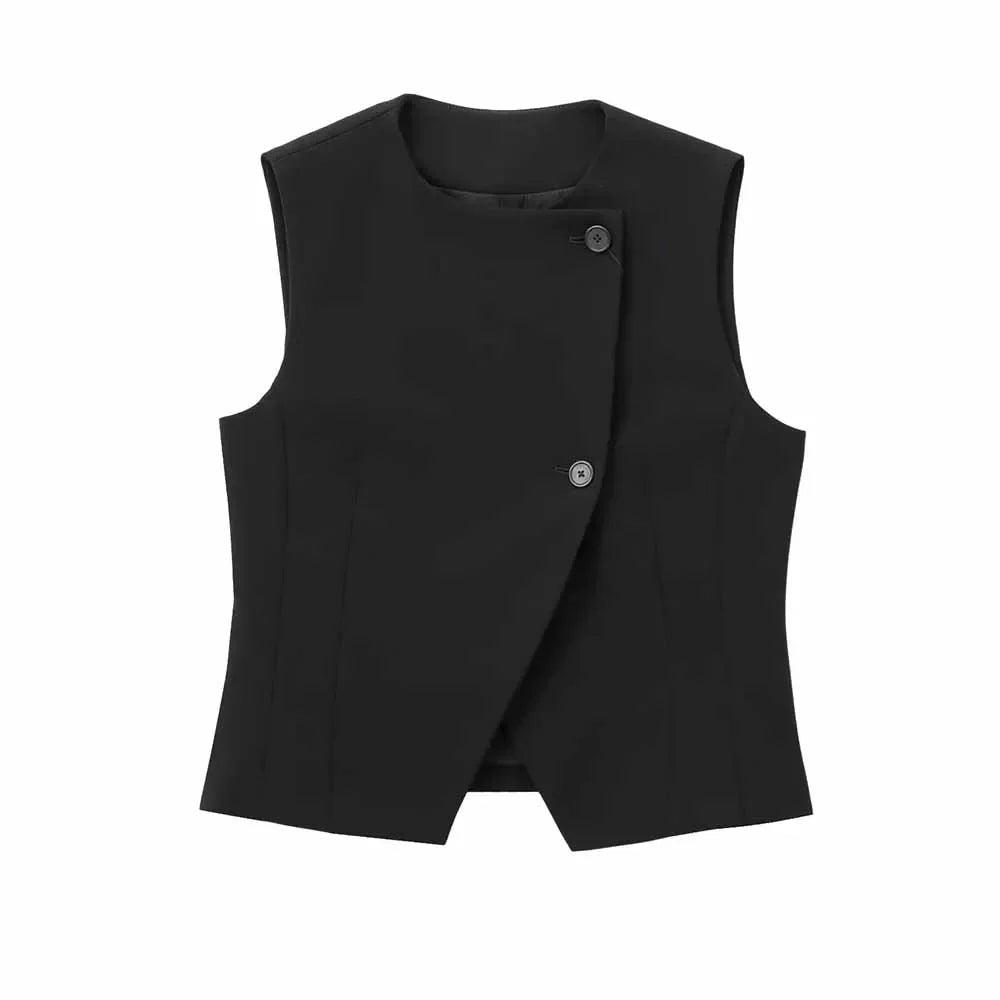 Women's 2024 new fashion asymmetrical design slim casual single breasted O-Neck vest retro sleeveless women's vest chic top