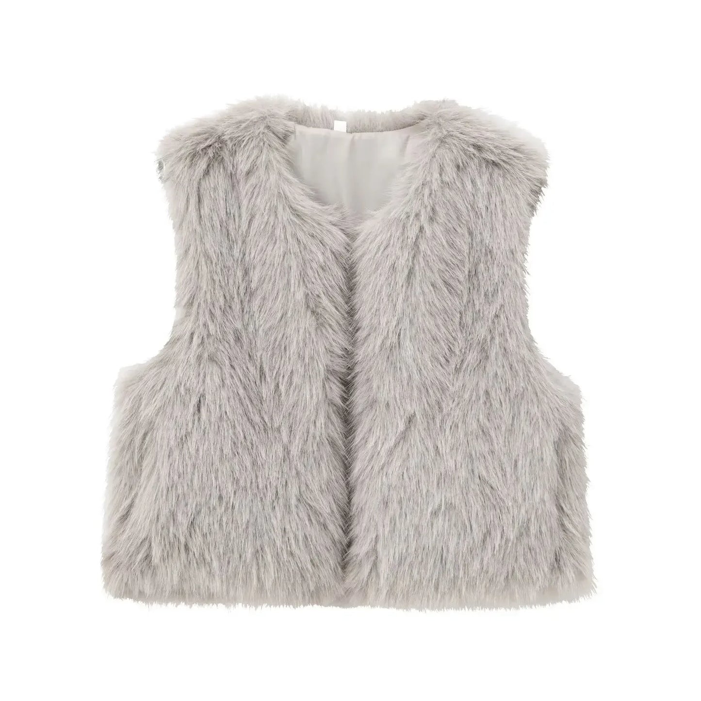 Women's new fashion faux fur effect casual short O-Neck open fleece vest retro sleeveless side pocket women's vest chic top