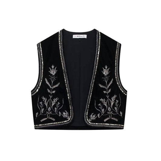 Women's new fashion floral embroidery decoration casual black short Open velvet vest retro sleeveless women's vest chic top