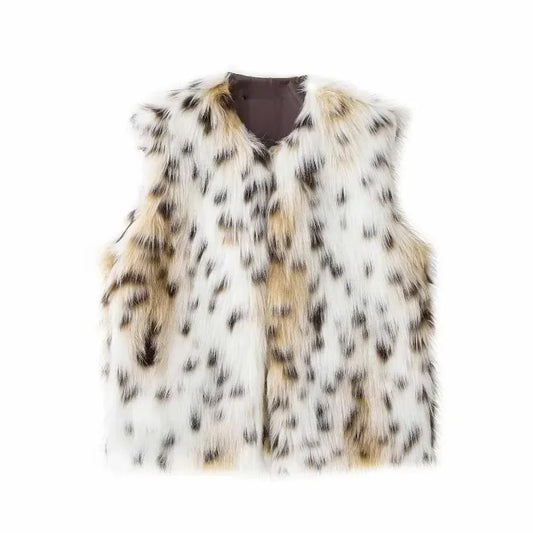 Women's new fashion faux fur effect casual animal print striped vest Coat retro sleeveless side pocket women's vest chic top