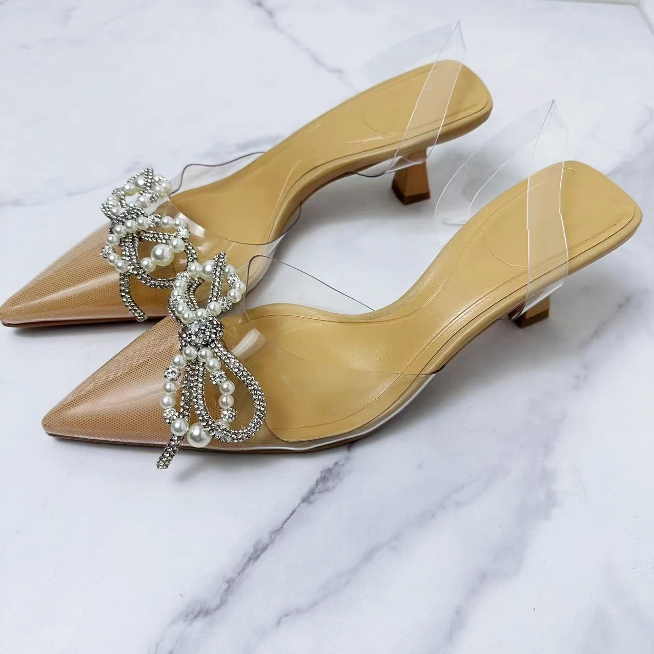 New 2024 Women's Shoes Fashion Joker Butterfly Rhinestone Ornament Open Heel Shoes Pointy Shoes High Heels Transparent Sandals.