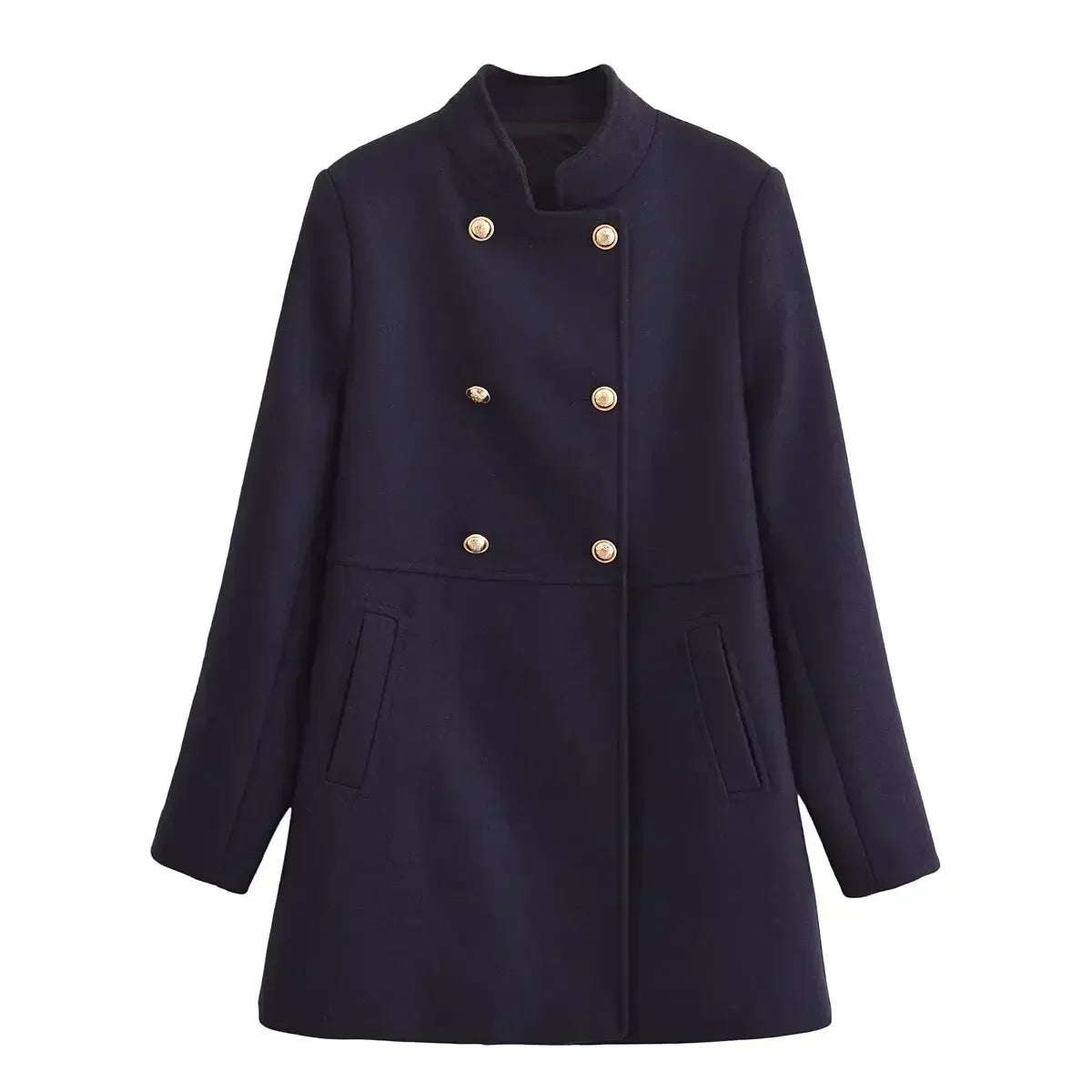 Women's new fashion gold double breasted decoration slim casual woolen coat retro long sleeved side pocket women's coat Chic top