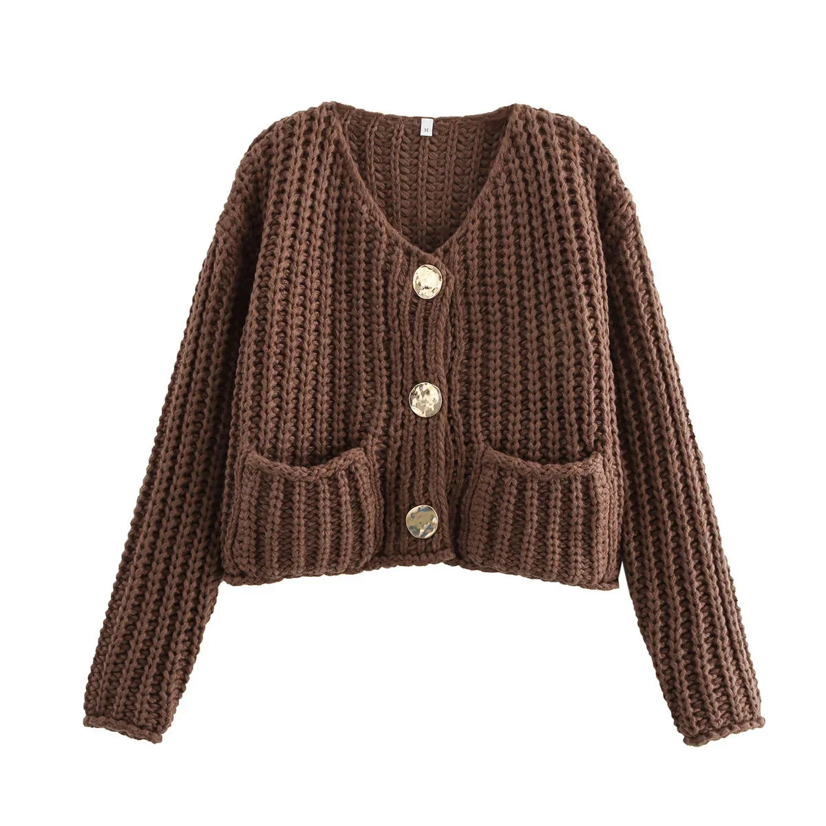 Women's new fashion gold button decoration short hollow rough knitted coat retro long sleeved pocket women's coat chic top