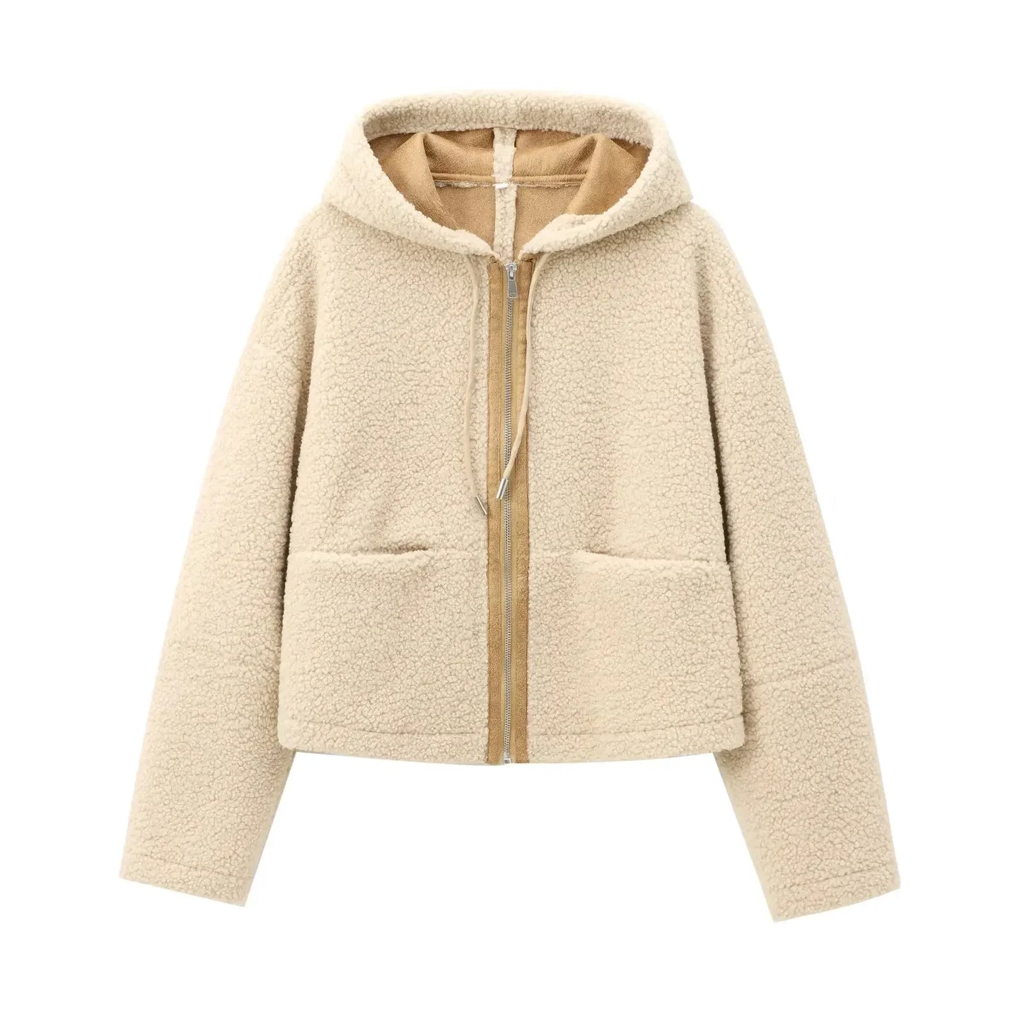 Women's new Fashion pocket decoration casual short hooded fleece jacket coat retro long sleeved zipper women's coat chic top