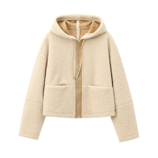 Women's new Fashion pocket decoration casual short hooded fleece jacket coat retro long sleeved zipper women's coat chic top