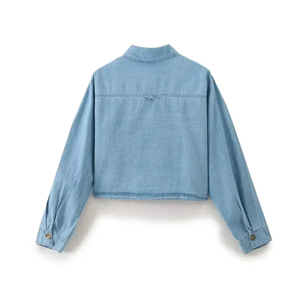 Women's new fashion flip decoration casual short Lapel denim shirt retro long sleeved button up women's shirt chic top 